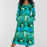 A-lined belted midi jersey dress - Blue-green