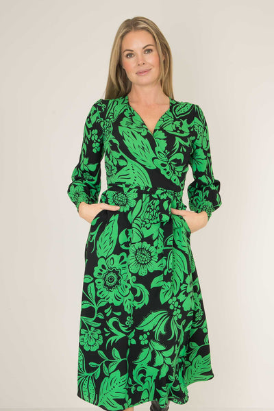 Kelly green wrap midi dress - Green - Mönstrad, vadlång omlottklänning