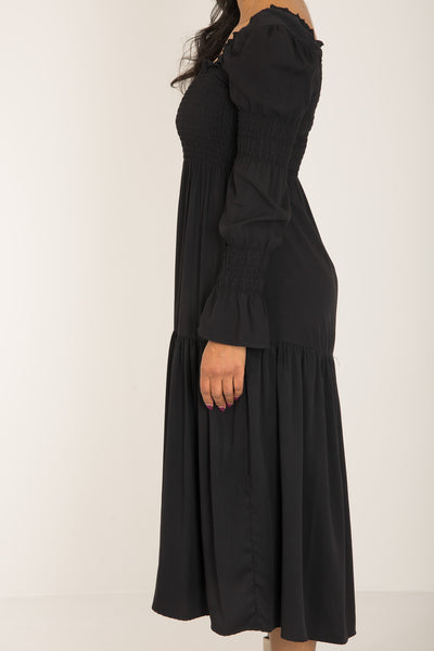 Viscose smocked midi dress - Black - Svart, vadlång smockklänning