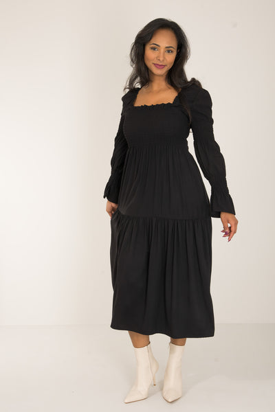 Viscose smocked midi dress - Black - Svart, vadlång smockklänning