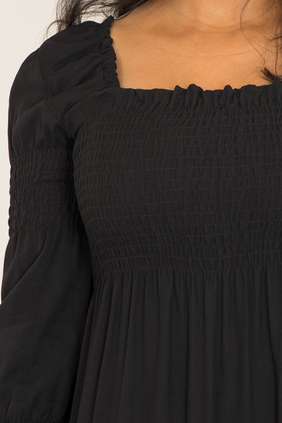 Viscose smocked midi dress - Black - Svart, vadlång smockklänning