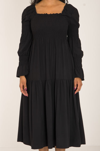 Viscose smocked midi dress - Black - Svart, vadlång smockklänning