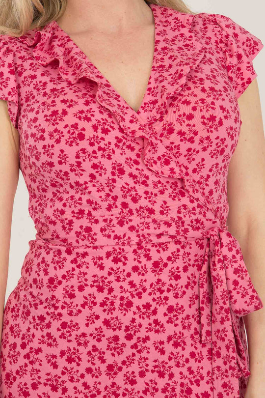 Ruffle printed midi wrap jersey dress - Pink flower - Vadlång omlottklänning i trikå med volanger
