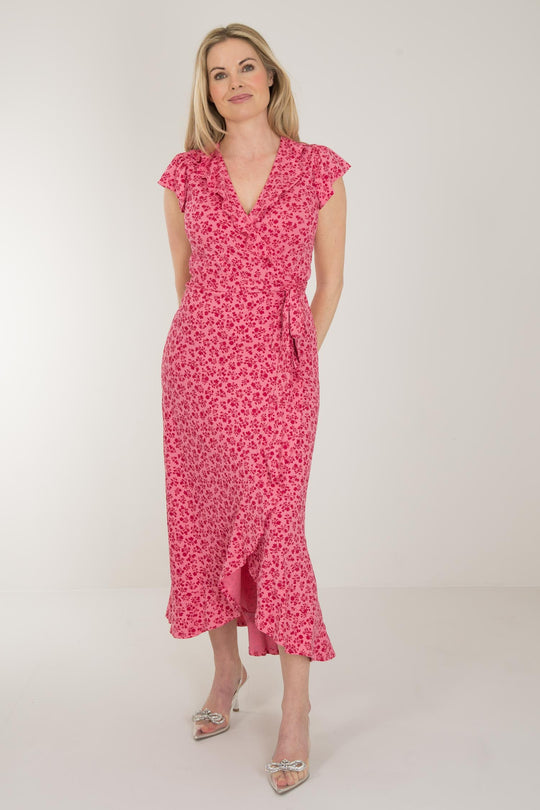 Ruffle printed midi wrap jersey dress - Pink flower - Vadlång omlottklänning i trikå med volanger