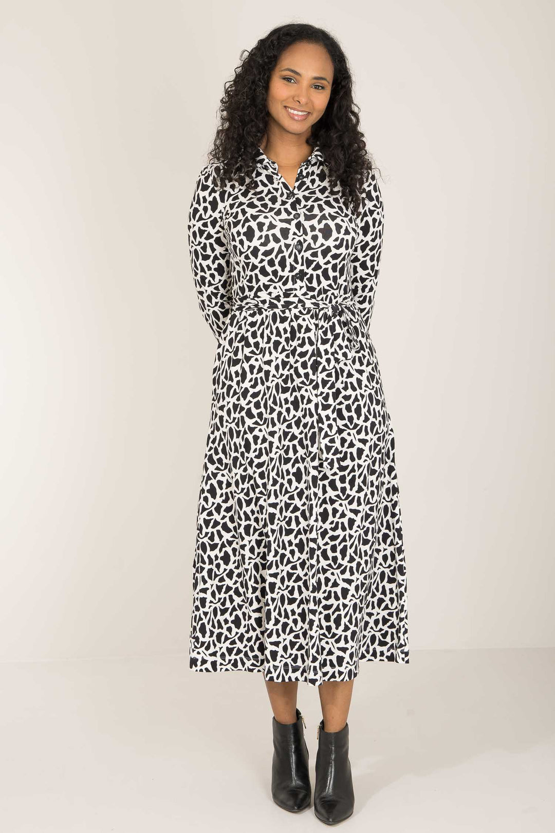 Forever mine placket printed midi jersey dress - Black - Vadlång klänning med krage i trikå