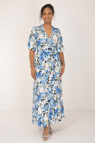 Bestie bell sleeve long wrap jersey dress - Blue flowers - Blommönstrad, hellång omlottklänning i trikå