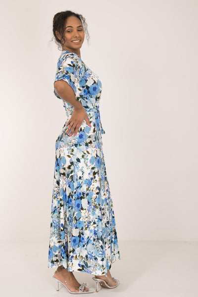 Bestie bell sleeve long wrap jersey dress - Blue flowers - Blommönstrad, hellång omlottklänning i trikå