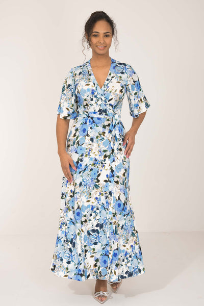 Bestie bell sleeve long wrap jersey dress - Blue flowers - Blommönstrad, hellång omlottklänning i trikå