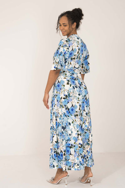 Bestie bell sleeve long wrap jersey dress - Blue flowers - Blommönstrad, hellång omlottklänning i trikå