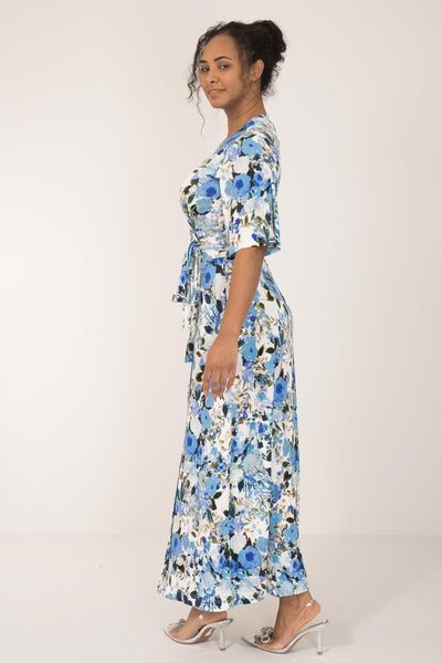 Bestie bell sleeve long wrap jersey dress - Blue flowers - Blommönstrad, hellång omlottklänning i trikå