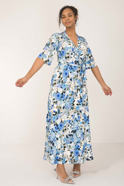 Bestie bell sleeve long wrap jersey dress - Blue flowers - Blommönstrad, hellång omlottklänning i trikå
