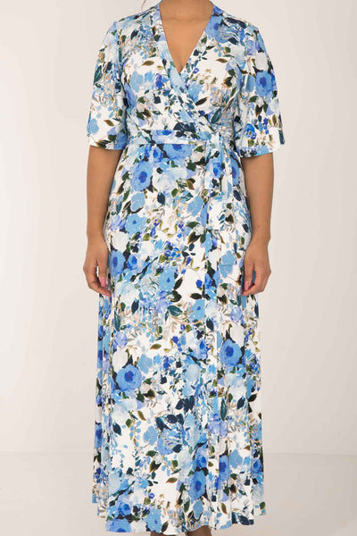 Bestie bell sleeve long wrap jersey dress - Blue flowers - Blommönstrad, hellång omlottklänning i trikå