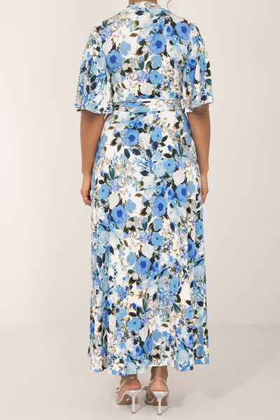 Bestie bell sleeve long wrap jersey dress - Blue flowers - Blommönstrad, hellång omlottklänning i trikå