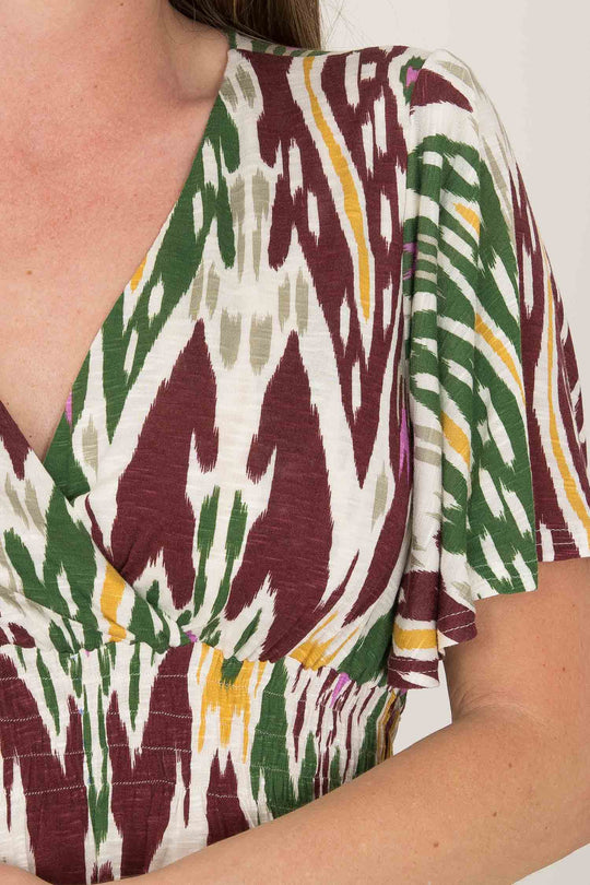 My smocked jersey short dress - Khaki green - Mönstrad knälång trikåklänning med smock