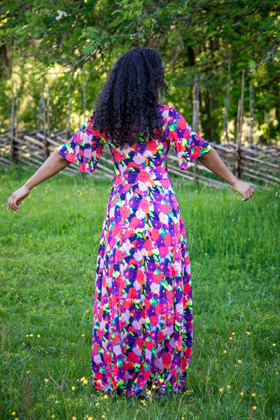Knot draped printed long jersey dress - Bright pink - Mönstrad hellång trikåklänning