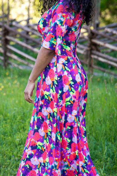 Knot draped printed long jersey dress - Bright pink - Mönstrad hellång trikåklänning