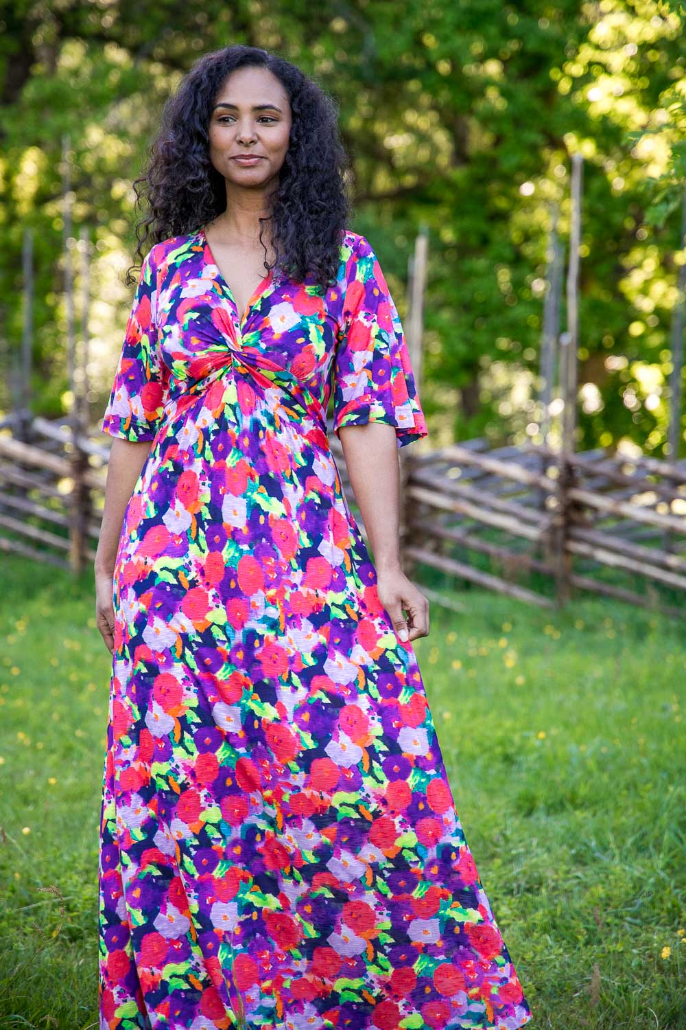 Knot draped printed long jersey dress - Bright pink - Mönstrad hellång trikåklänning