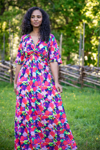 Knot draped printed long jersey dress - Bright pink - Mönstrad hellång trikåklänning