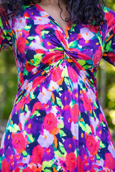 Knot draped printed long jersey dress - Bright pink - Mönstrad hellång trikåklänning