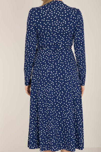 Bestie printed short wrap jersey dress - Blue dot - Knälång, prickig omlottklänning i trikå