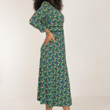 Picot pocket midi printed jersey dress - Black - Blommönstrad, vadlång klänning i trikå