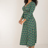 Picot pocket midi printed jersey dress - Black - Blommönstrad, vadlång klänning i trikå