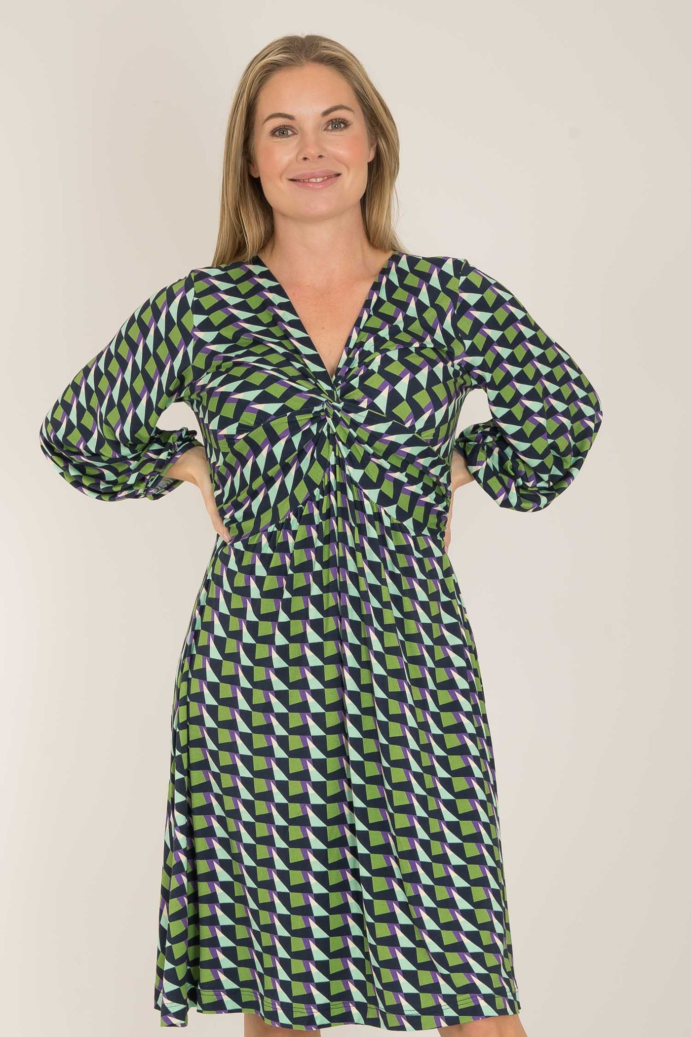 Knot draped printed short jersey dress - Blue - Mönstrad knälång trikåklänning