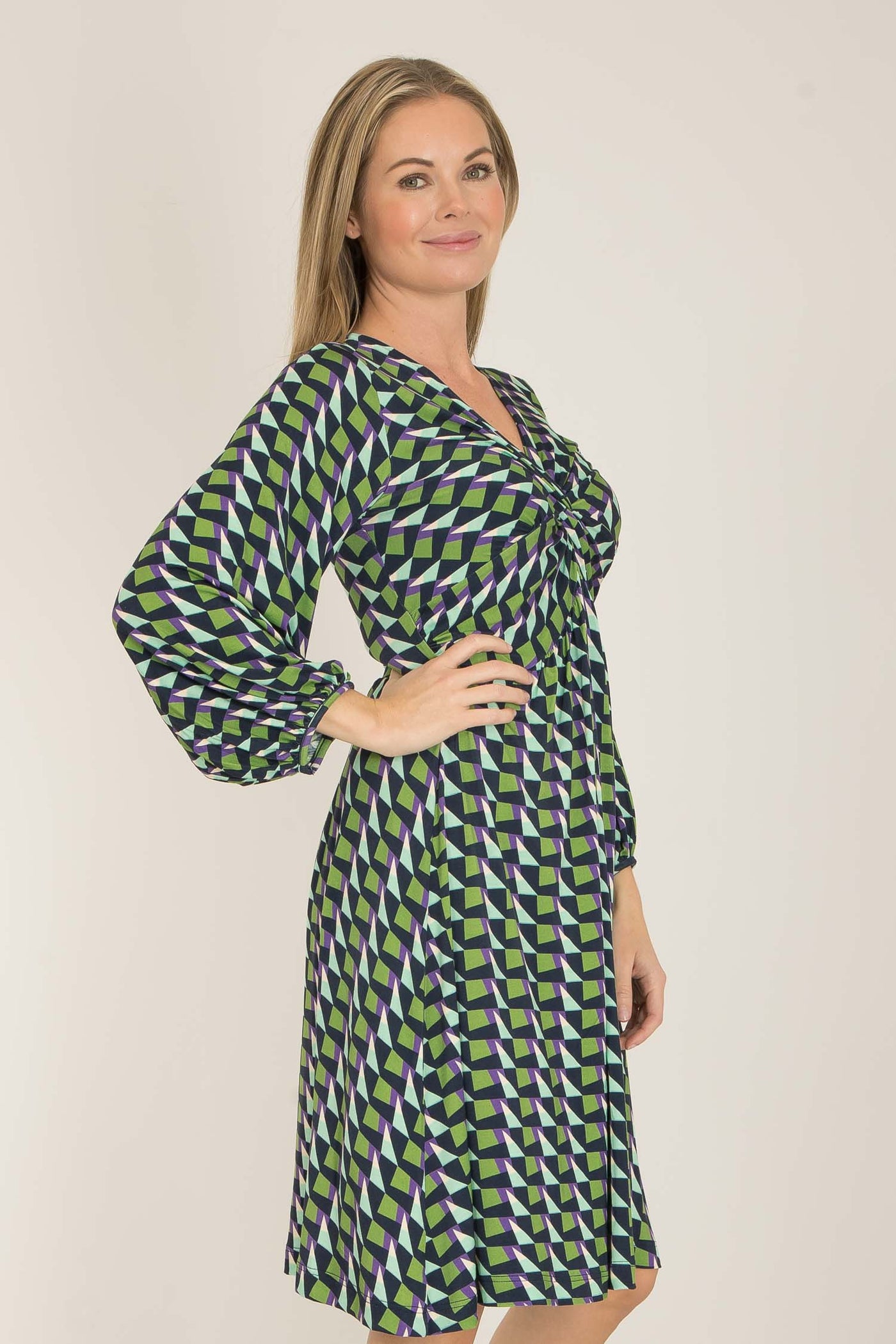 Knot draped printed short jersey dress - Blue - Mönstrad knälång trikåklänning