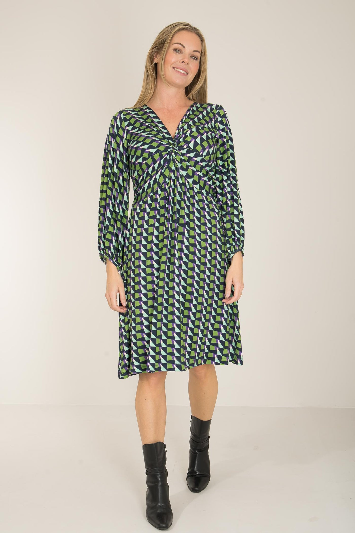 Knot draped printed short jersey dress - Blue - Mönstrad knälång trikåklänning