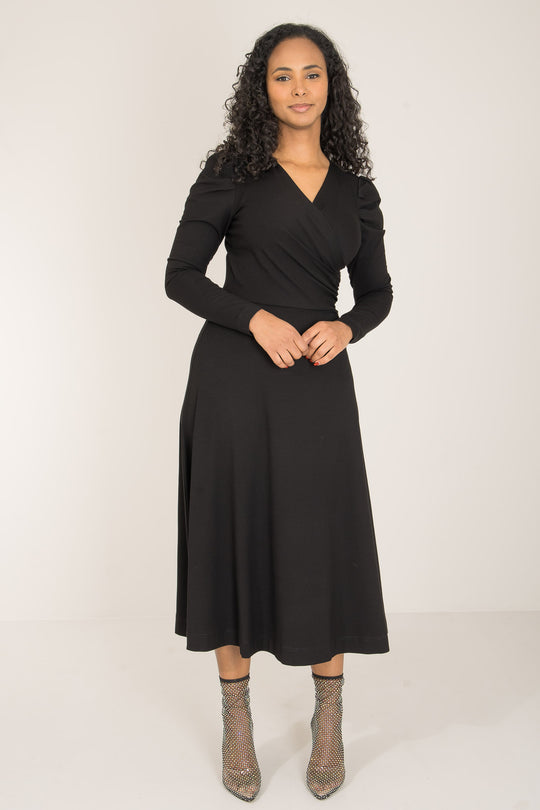 Closed wrap midi jersey dress - Black - Svart, vadlång klänning i stretchig trikå