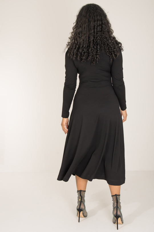 Closed wrap midi jersey dress - Black - Svart, vadlång klänning i stretchig trikå