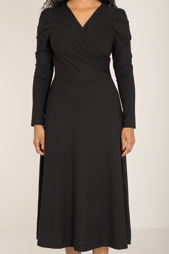 Closed wrap midi jersey dress - Black - Svart, vadlång klänning i stretchig trikå