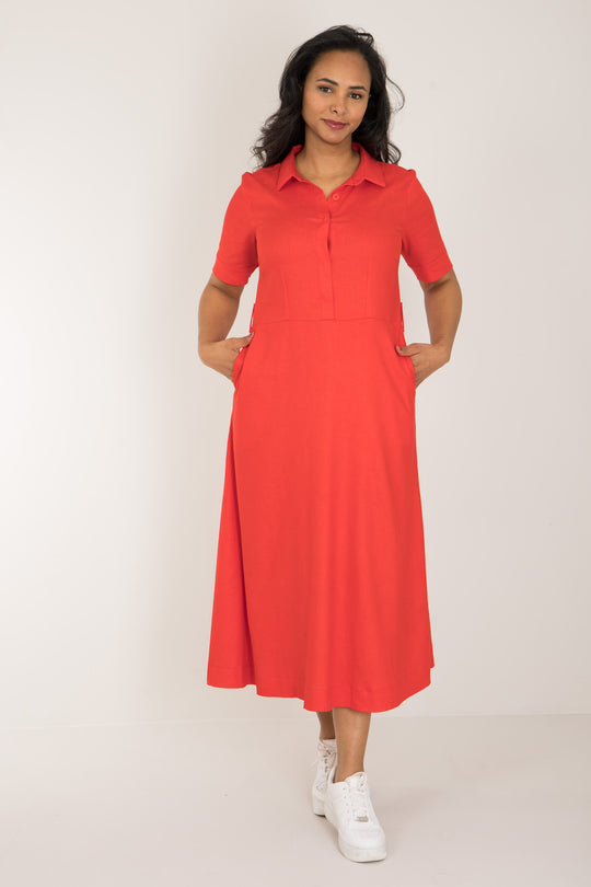 Stretch linen shirt dress - Red - Klarröd skjortklänning med stretch