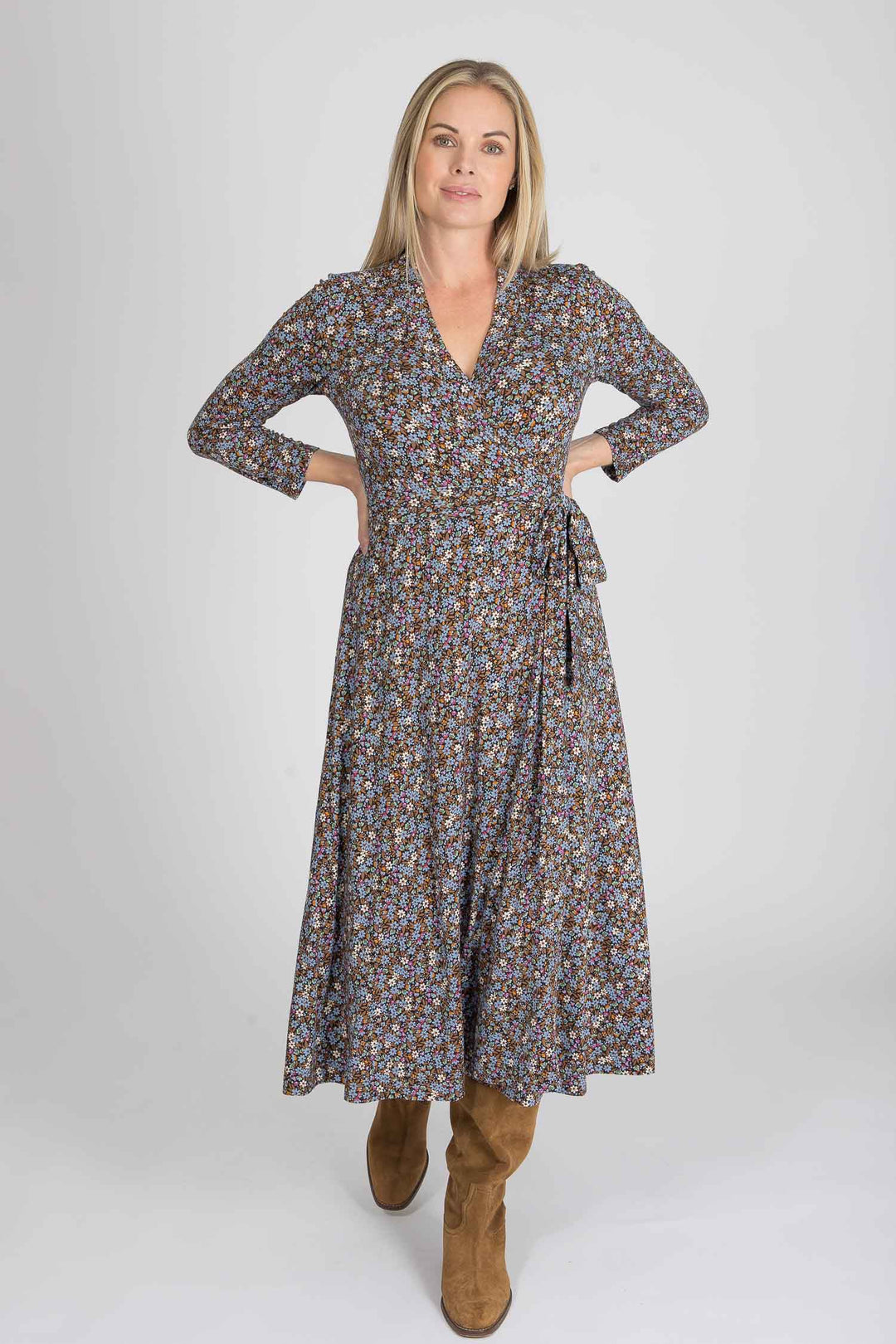 Bestie midi wrap jersey dress - Brown flowers