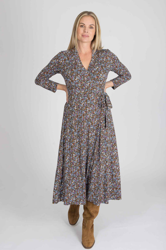 Bestie midi wrap jersey dress - Brown flowers