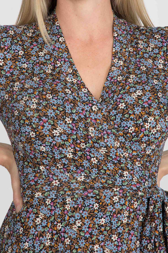 Bestie midi wrap jersey dress - Brown flowers