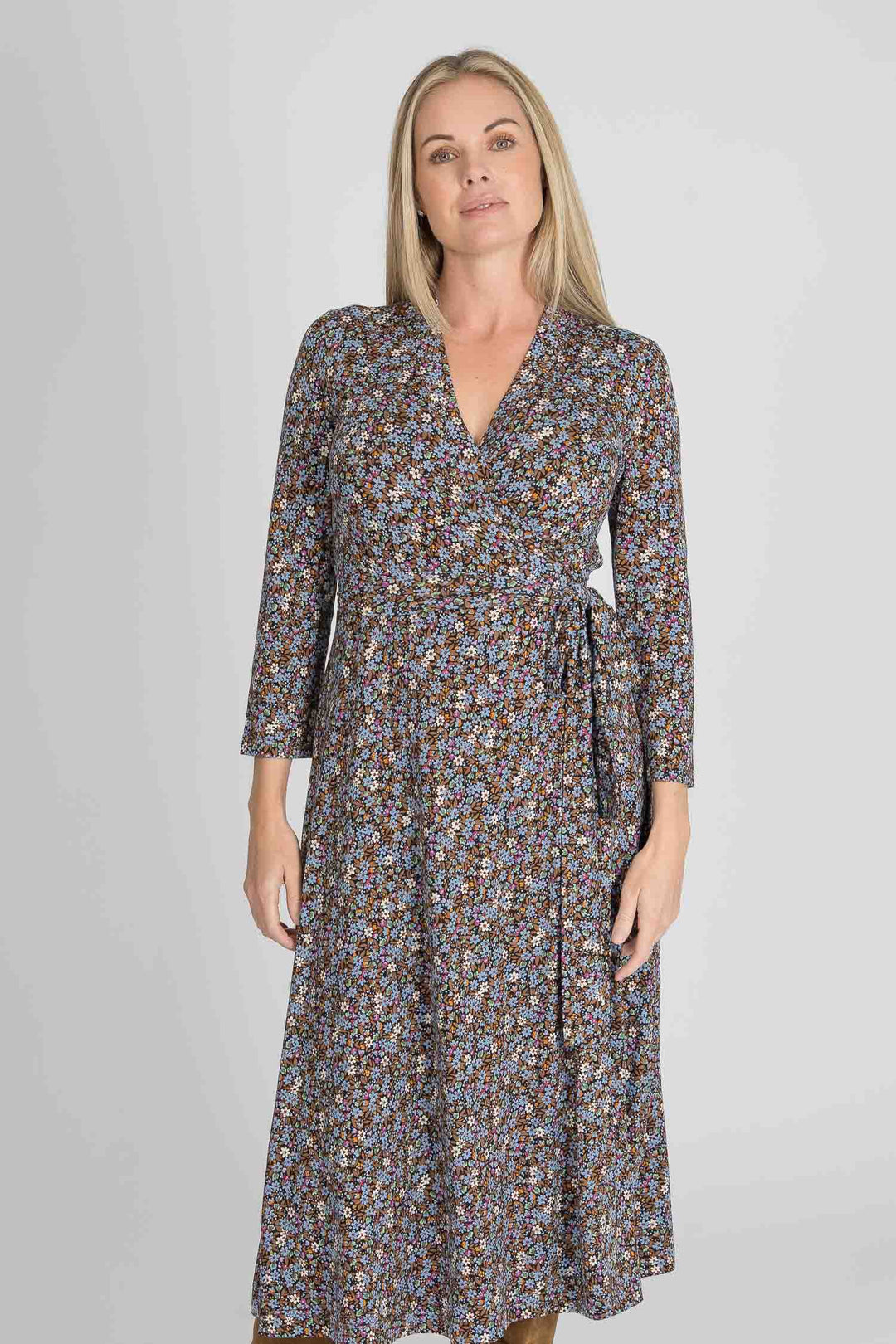 Bestie midi wrap jersey dress - Brown flowers