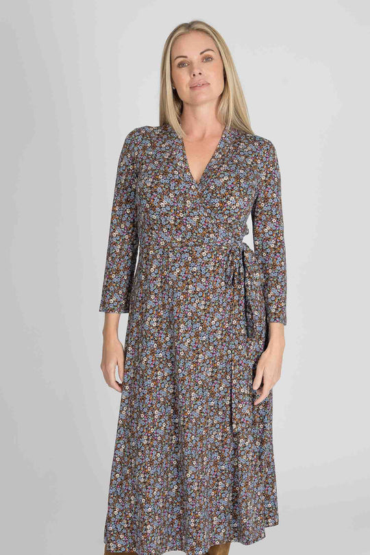 Bestie midi wrap jersey dress - Brown flowers