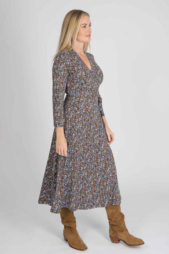 Bestie midi wrap jersey dress - Brown flowers