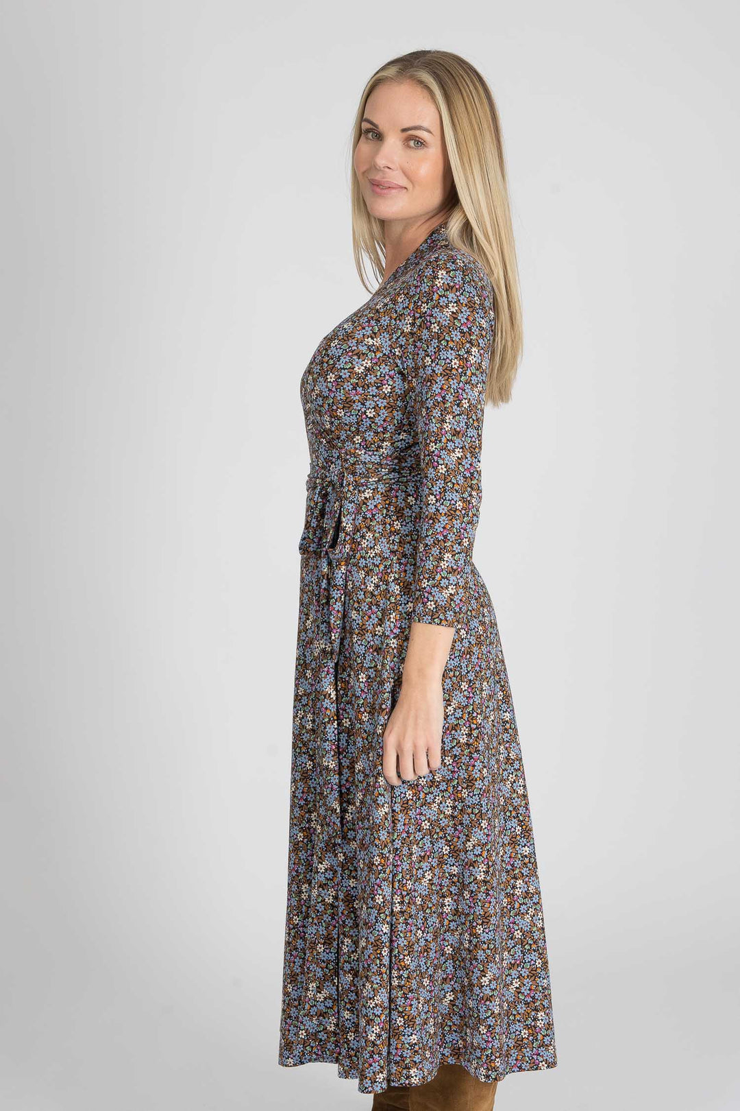Bestie midi wrap jersey dress - Brown flowers