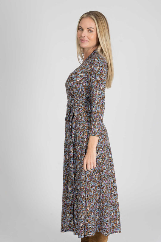 Bestie midi wrap jersey dress - Brown flowers