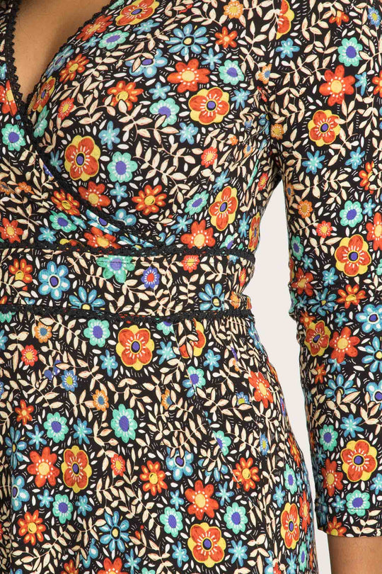 Picot pocket short jersey dress - Black flowers