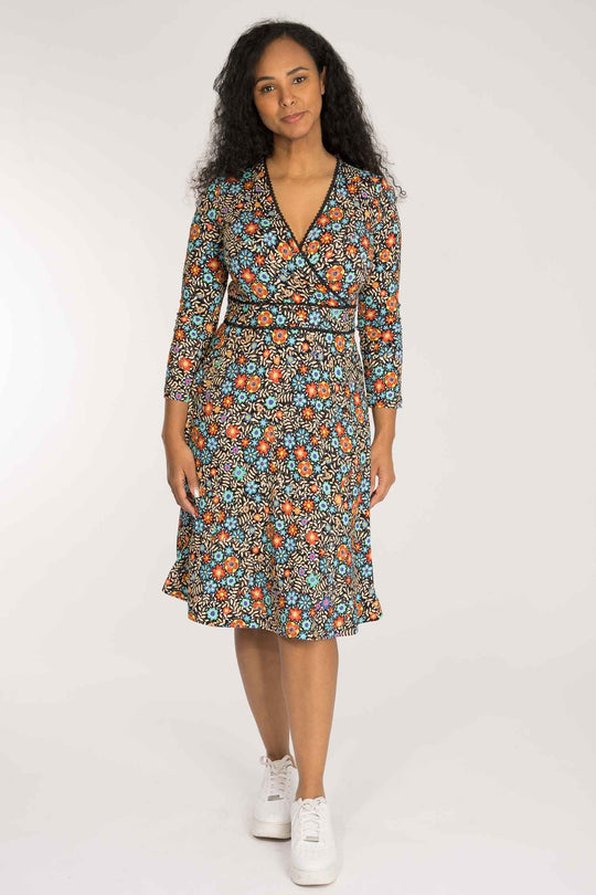 Picot pocket short jersey dress - Black flowers