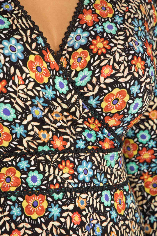 Picot pocket short jersey dress - Black flowers