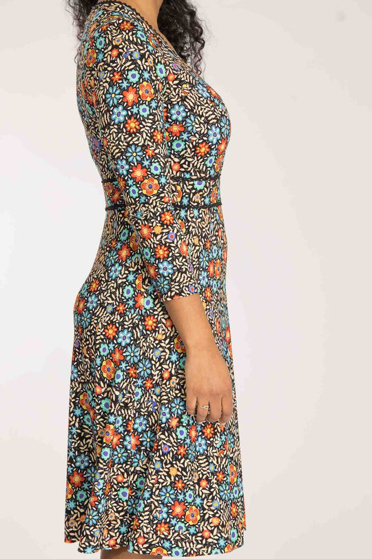Picot pocket short jersey dress - Black flowers