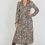Puff sleeve midi wrap jersey dress - Pink flowers