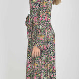 Puff sleeve midi wrap jersey dress - Pink flowers