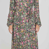Puff sleeve midi wrap jersey dress - Pink flowers