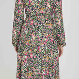 Puff sleeve midi wrap jersey dress - Pink flowers
