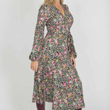 Puff sleeve midi wrap jersey dress - Pink flowers